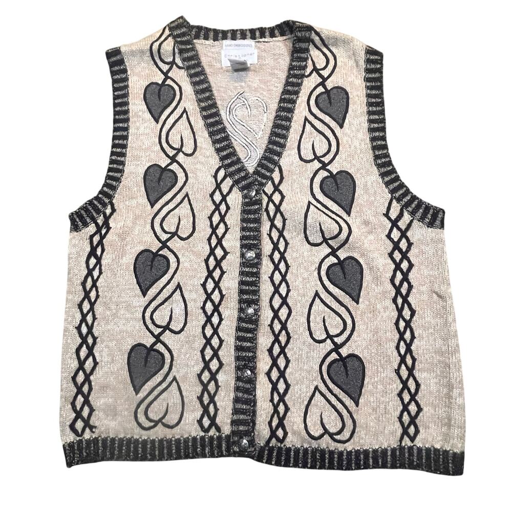 Christopher Banks Heart Knit Vest Medium Hand EmbroideredGrandpacore Art